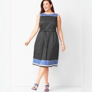 Talbots Geo Print Fit and Flare Dress Black White Blue Sleeveless Size 16 NWT